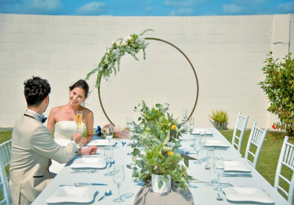 海邦フサキ・ウェディングパーティー＆披露宴　パーティーシーン（サークルアーチは挙式装飾流用）