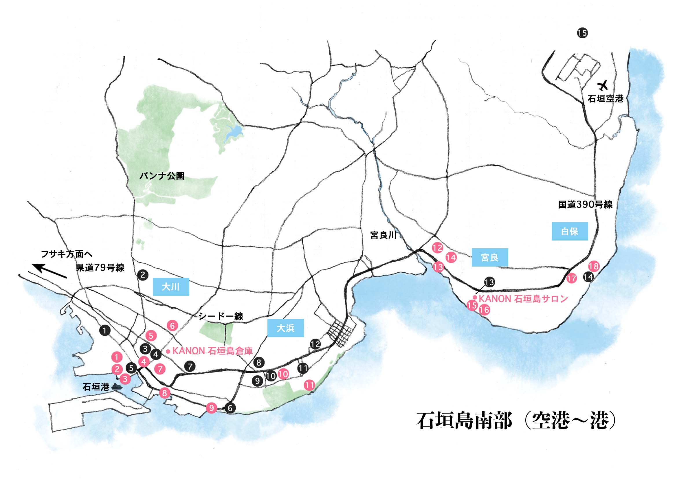 石垣島（港～空港）の地図イラスト