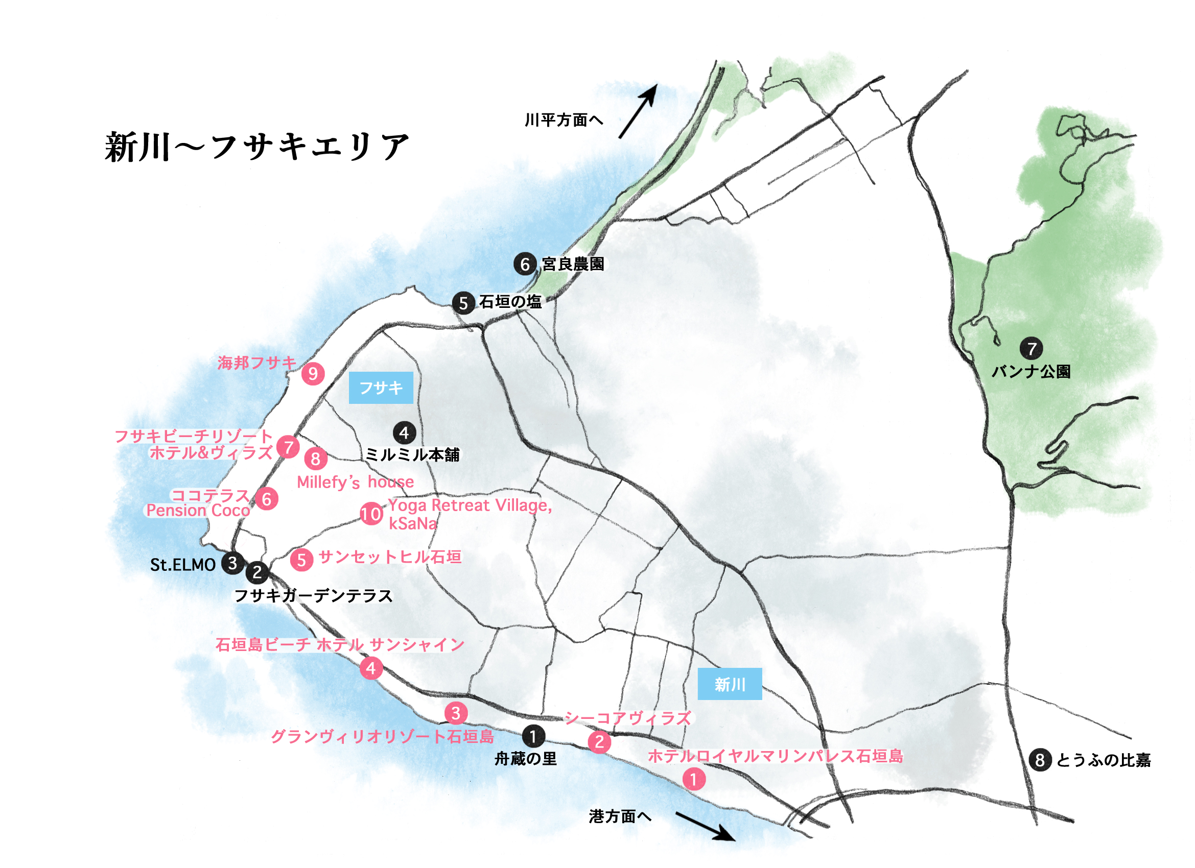 石垣島（フサキ地区）の地図イラスト