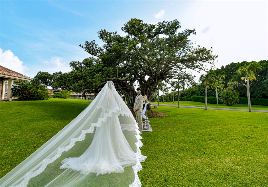 はいむるぶし・小浜島・結婚式 ツリー・ガーデン・ウェディング 大木に擁されたガーデンの入場シーン