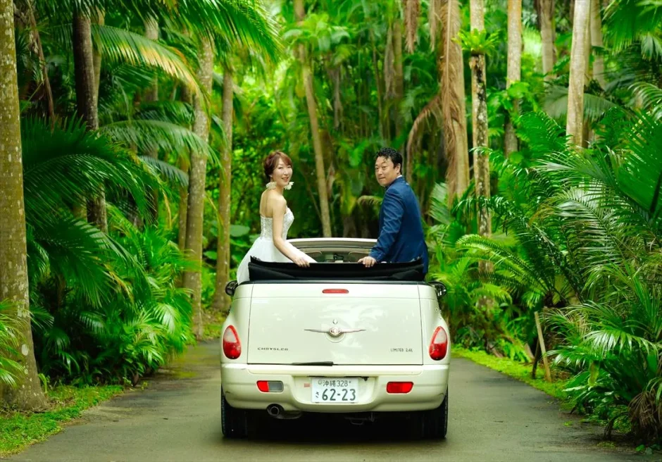 八重山ヤシ園をオープンカーで進む新郎新婦